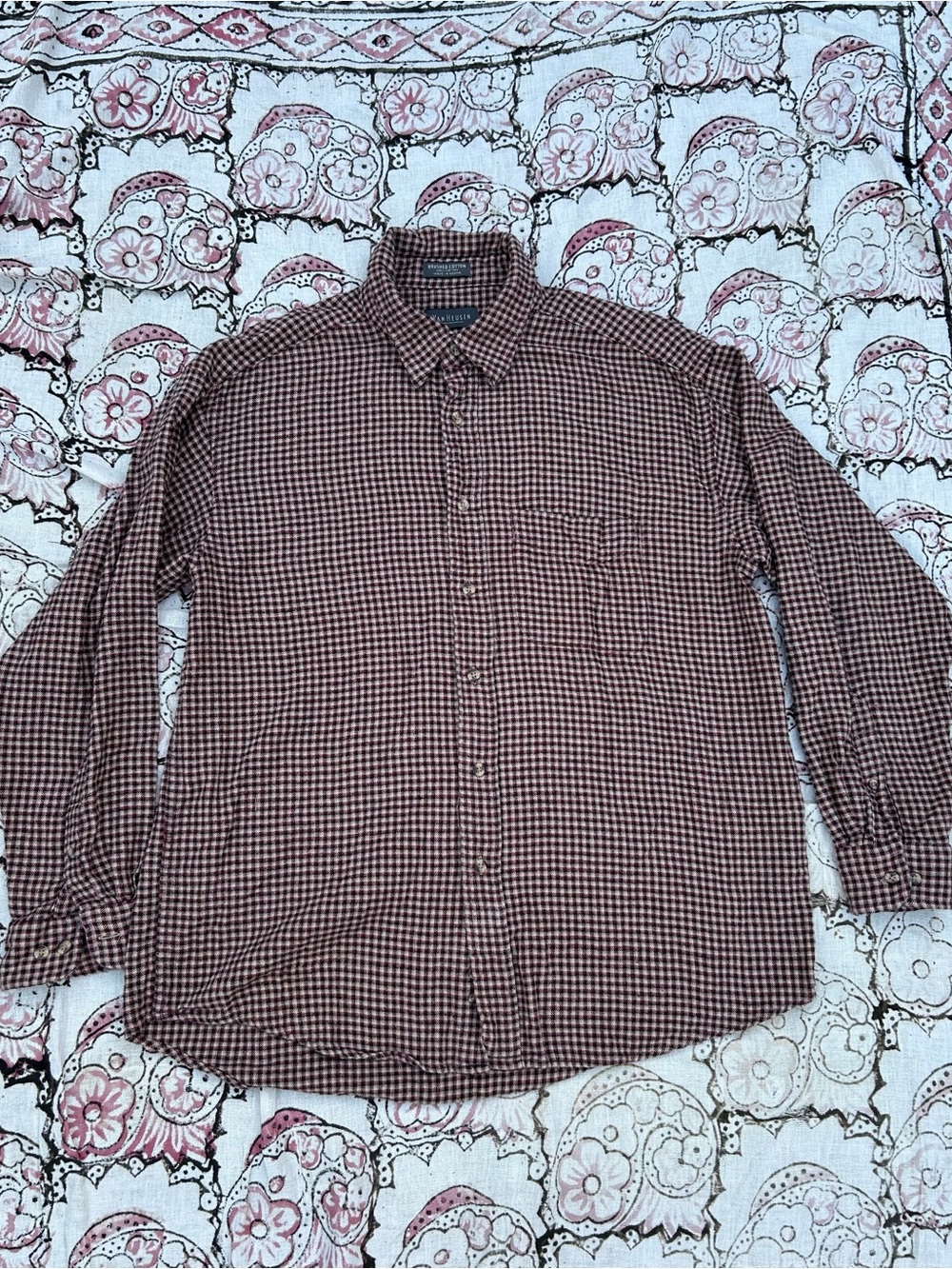Van Heusen Men’s Brown and Cream Micro-Check Button-Down Shirt